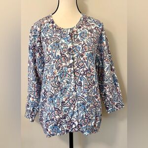 Cotton Talbots Paisley Sweater- Blue and Pink. Size XL. Pearly buttons.